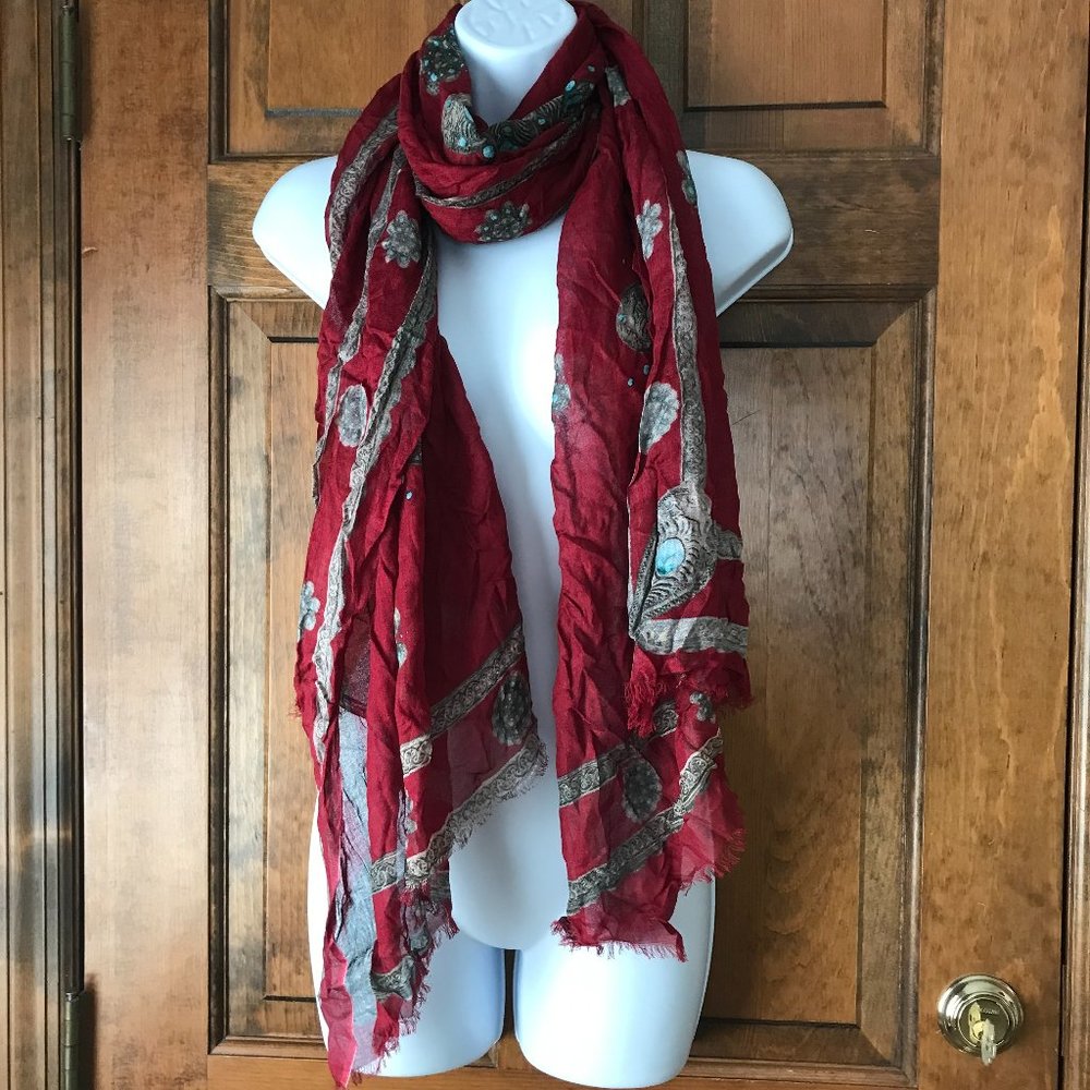 VIDA Dark Red w/Teal & Beige Medallions Scarf/Wrap 74" x 27"